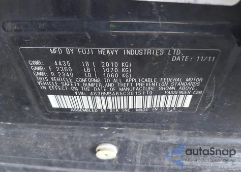 2012 Subaru Legacy 2.5I z USA, uszkodzony, nr VIN 4S3BMBA65C3015110